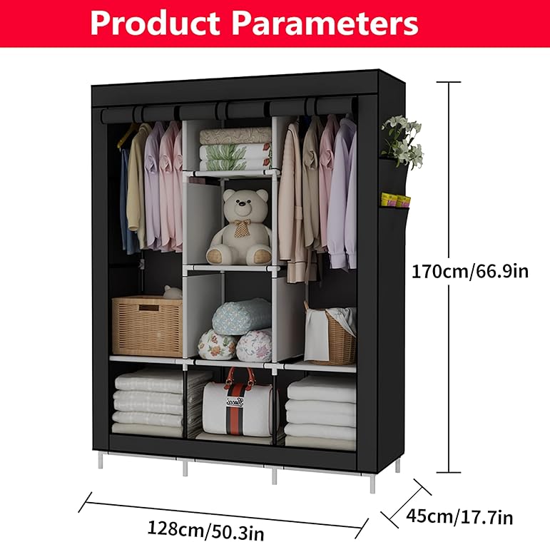 Brand New Portable Closet Organizer: 6 Storage Shelves + 2 Hanging Sections,Black,