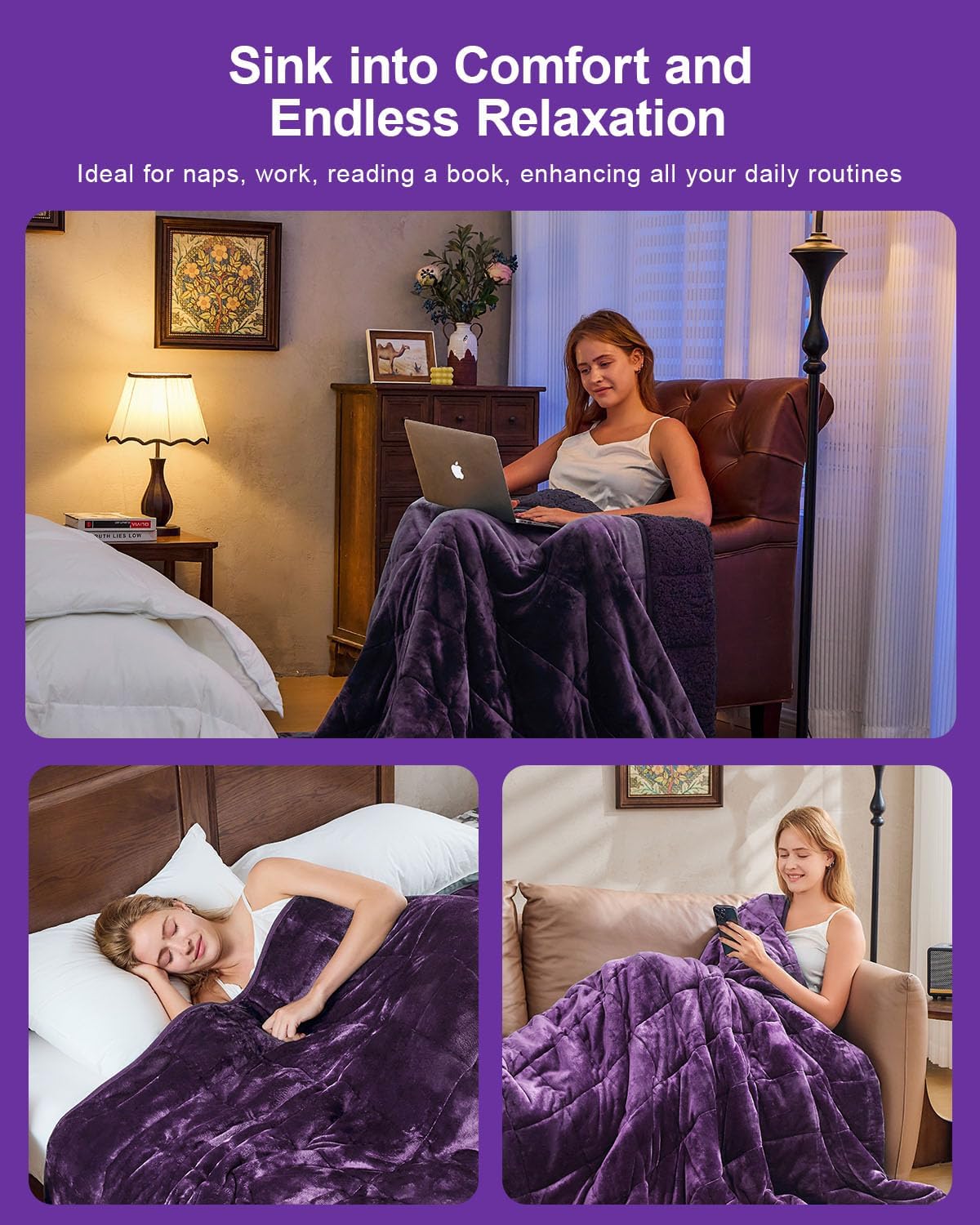 BNIB-Super Soft Fuzzy Sherpa Fleece Weighted Blanket, 20 lbs Dual Sided Fluffy Heavy Weighted Blanket(Purple),-$50