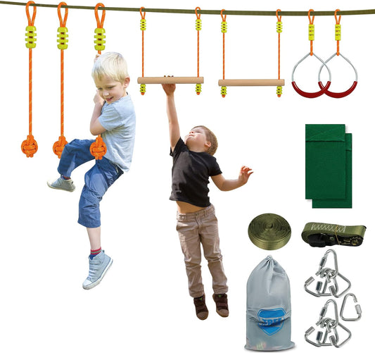 BNIB-Happybuy Ninja Warrior Obstacle Course for Kids, 45ft Ninja Line Slackline with Gym Rings,-$60