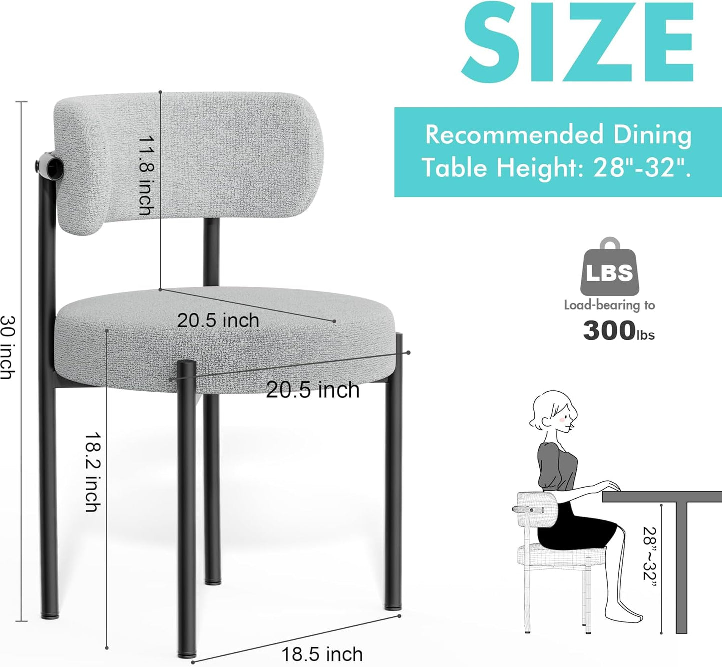 BNIB-PatioPerk Boucle Dining Chairs Set of 4, Light Gray Mid Century Morden Chair with Curved Backrest, -$250