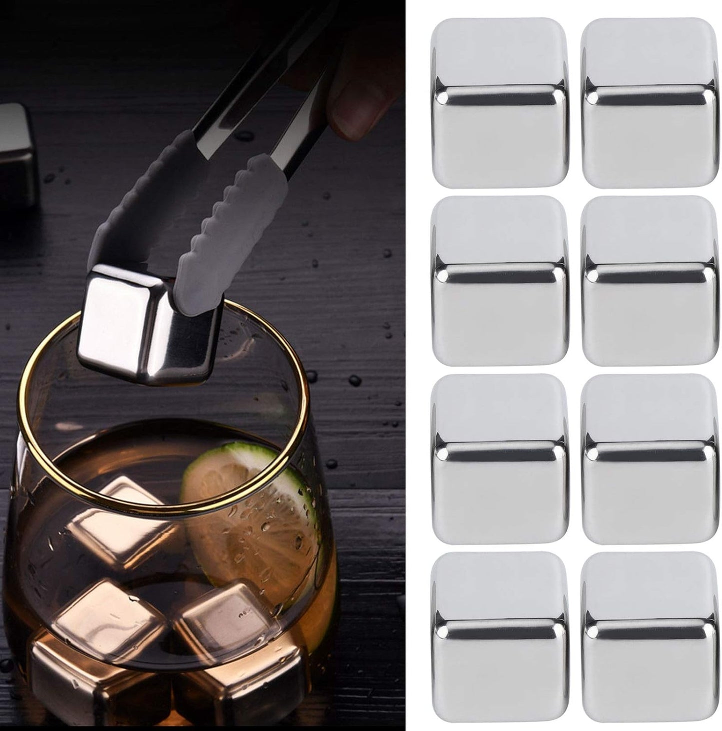 BNIB-304 Stainless Steel Whiskey Wine Stones Reuseble Ice Cubes Ball with Box ,Tongs ($5/4 Pack )($10/8 Pack )