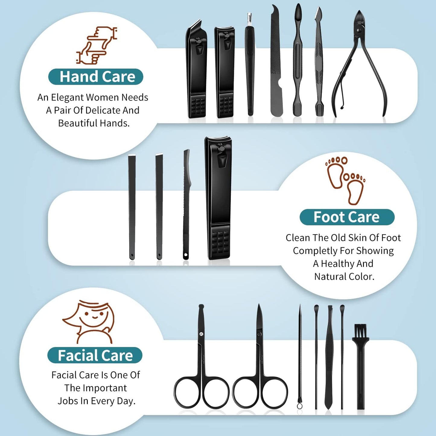 [BNIB] SUBESING 18-Piece Professional Manicure Set,Stainless Steel Manicure Kit Nail Care-(Black)-$15