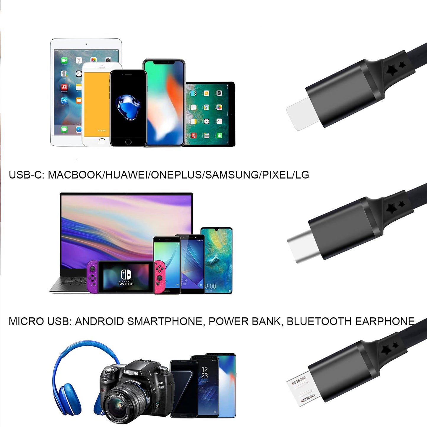 BNIB-3 Pack 3 in 1 Multi USB Retractable Charger Cable,3A Multiple Charging Cord Adapter