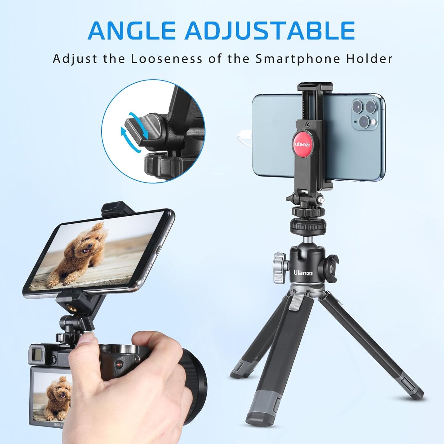 BNIB-ULANZI Universal Phone Tripod Mount with Cold Shoe Mount, Rotated Cell Phone Clamp Holder