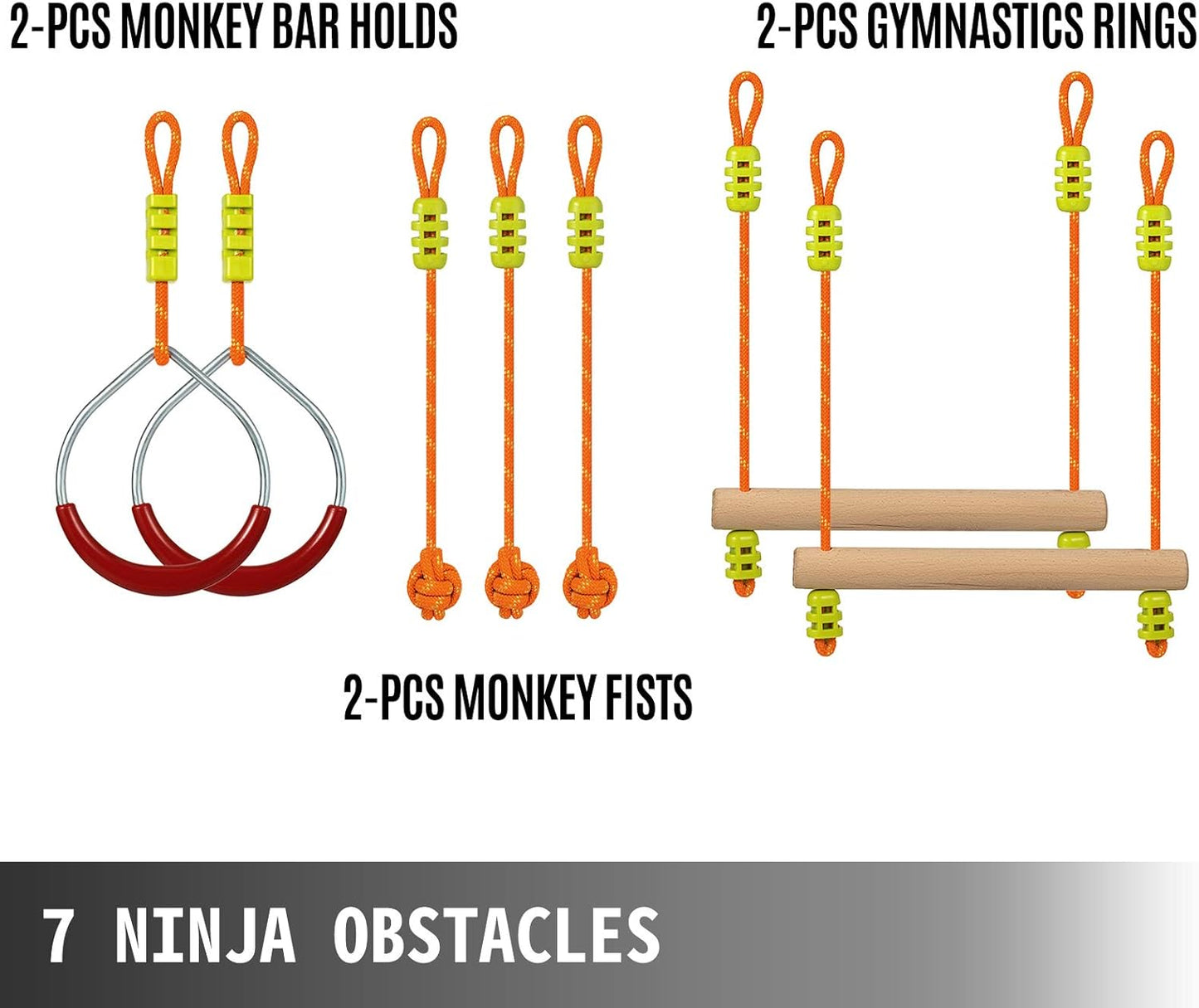 BNIB-Happybuy Ninja Warrior Obstacle Course for Kids, 45ft Ninja Line Slackline with Gym Rings,-$60