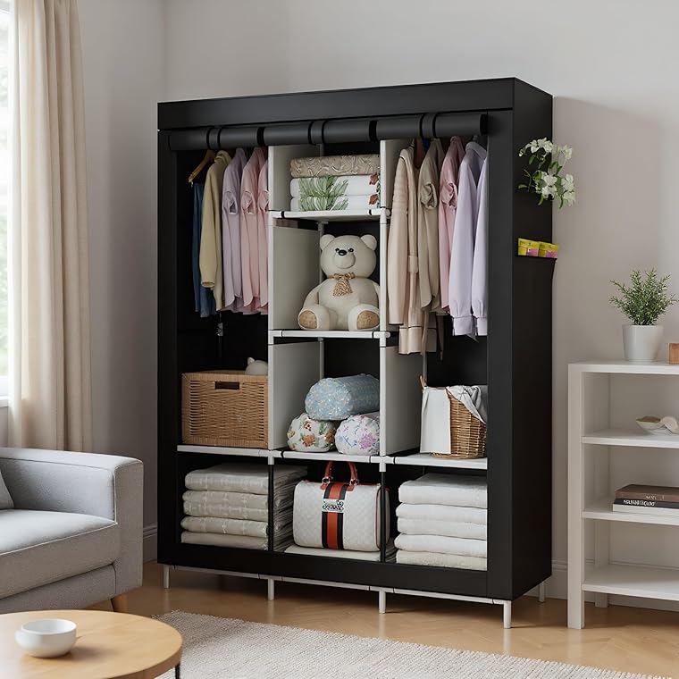 Brand New Portable Closet Organizer: 6 Storage Shelves + 2 Hanging Sections,Black,