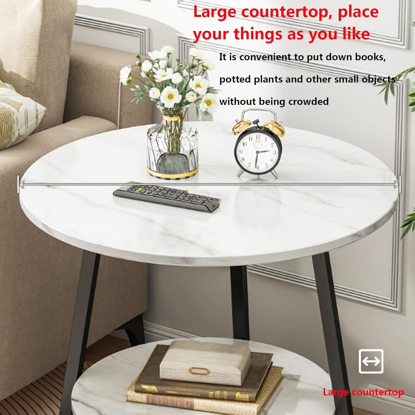BNIB-Round 2-Tier Coffee Table/Side Table w/White Marble Pattern MDF Wood Top & Golden Metal Frame