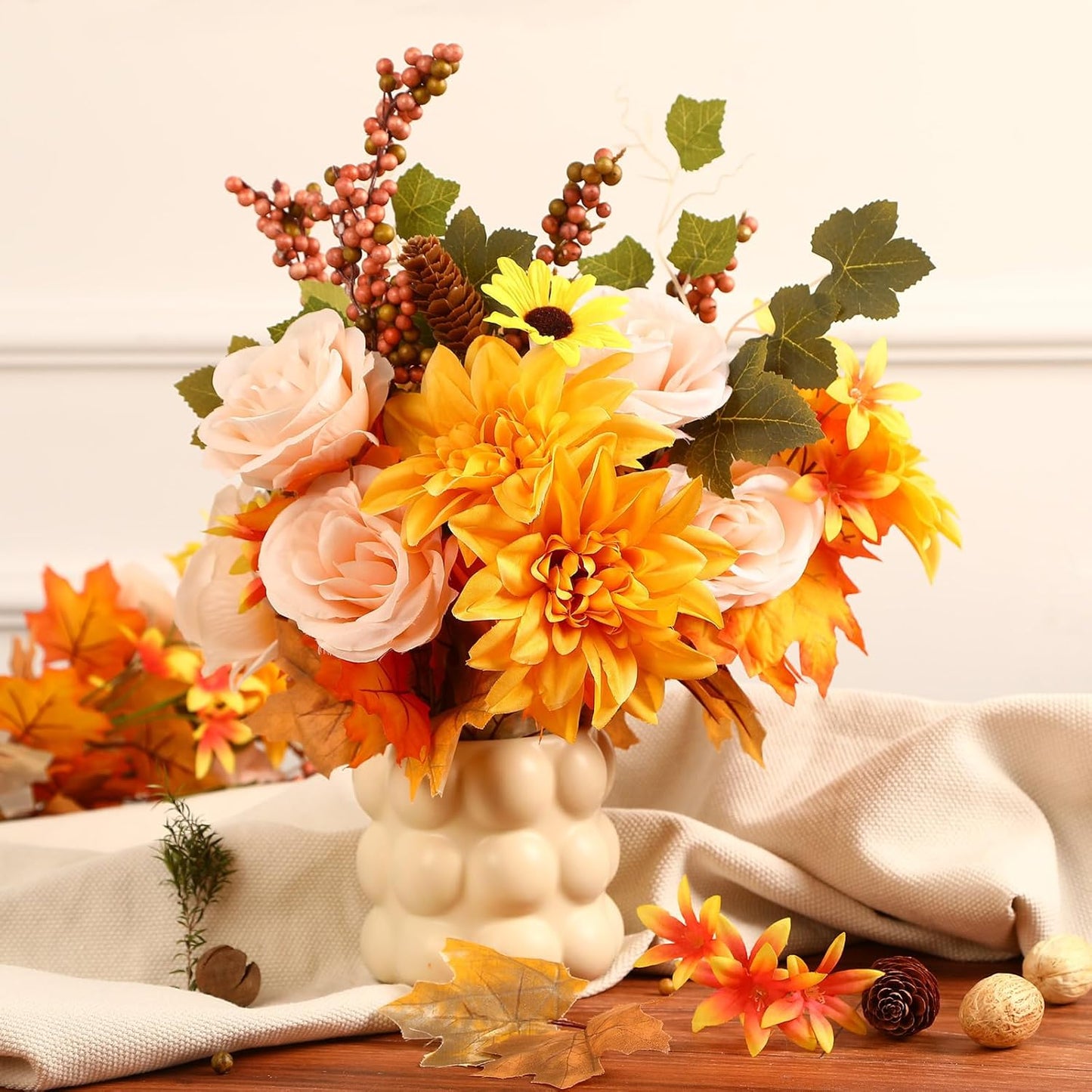 BNIB-2Pcs Large Artificial Fall Flowers,Thanksgiving Floral Arrangement with Berry and Maple Leaf Decoration