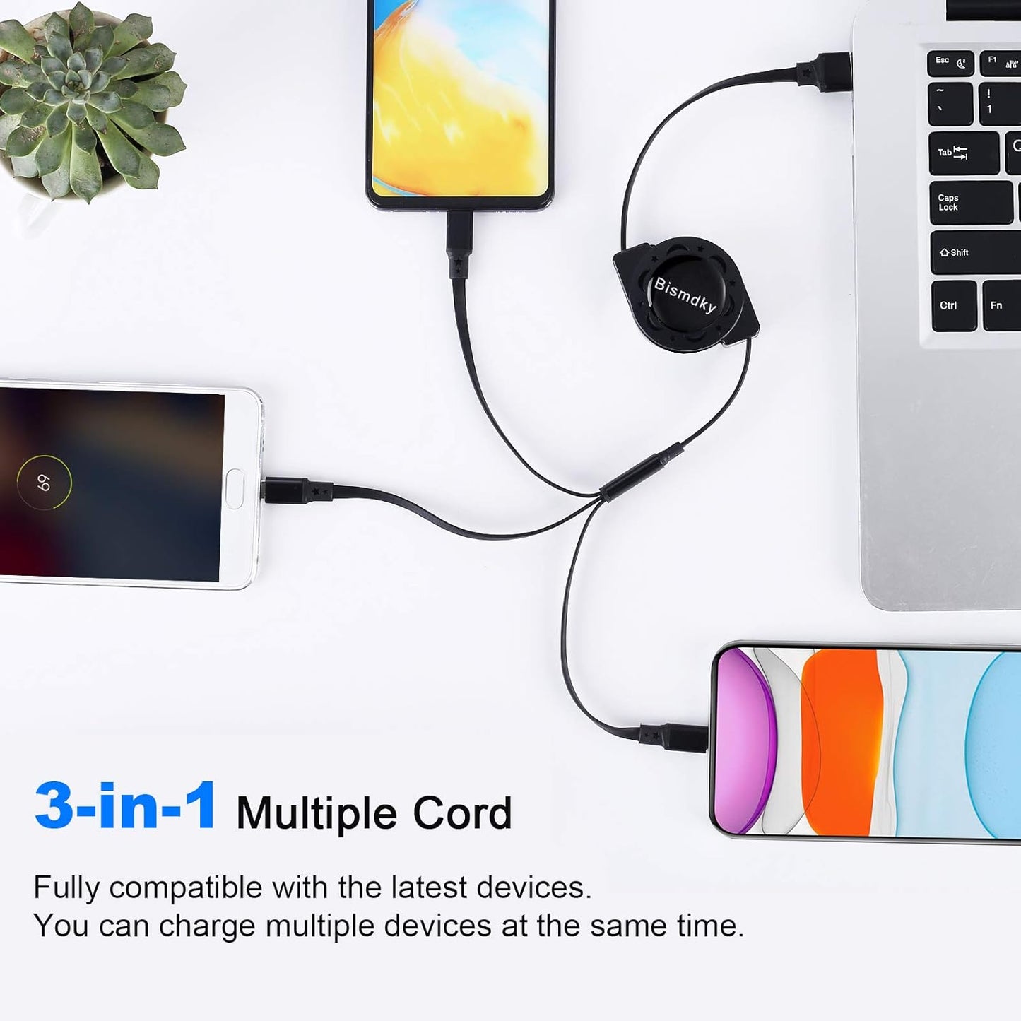 BNIB-3 Pack 3 in 1 Multi USB Retractable Charger Cable,3A Multiple Charging Cord Adapter
