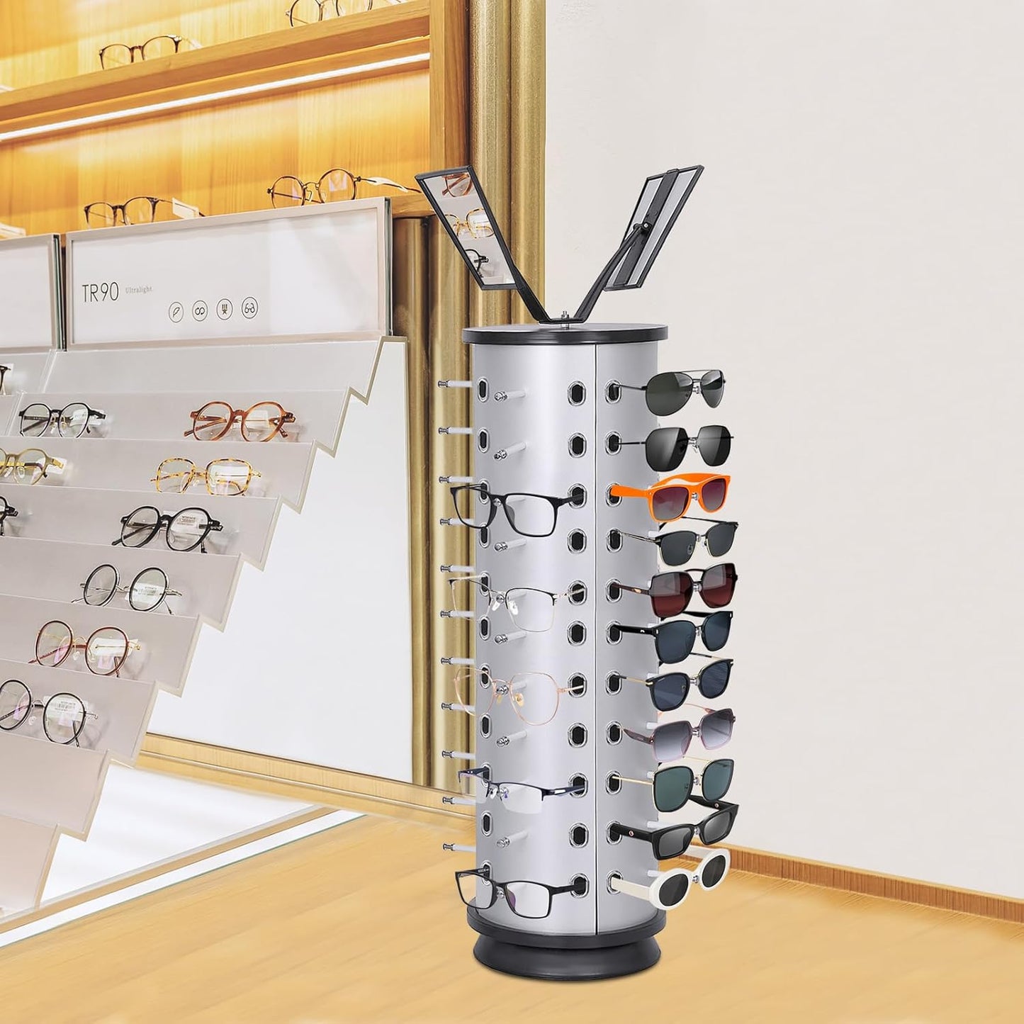 BNIB-44-Pair Rotating Sunglasses Display Stand with Mirror,Ideal for home, optical stores,-$40