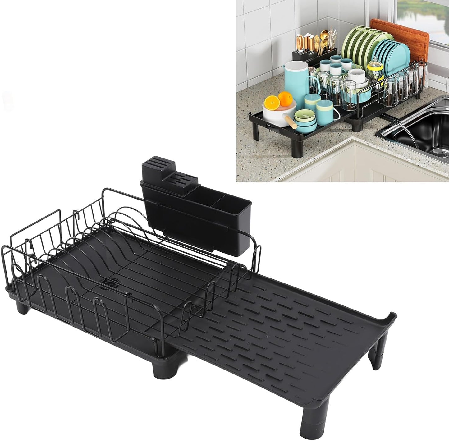 BNIB-Extendable Dish Rack, Multifunctional Expandable Dish Drainer with Large Capacity for Kitchen Counter,