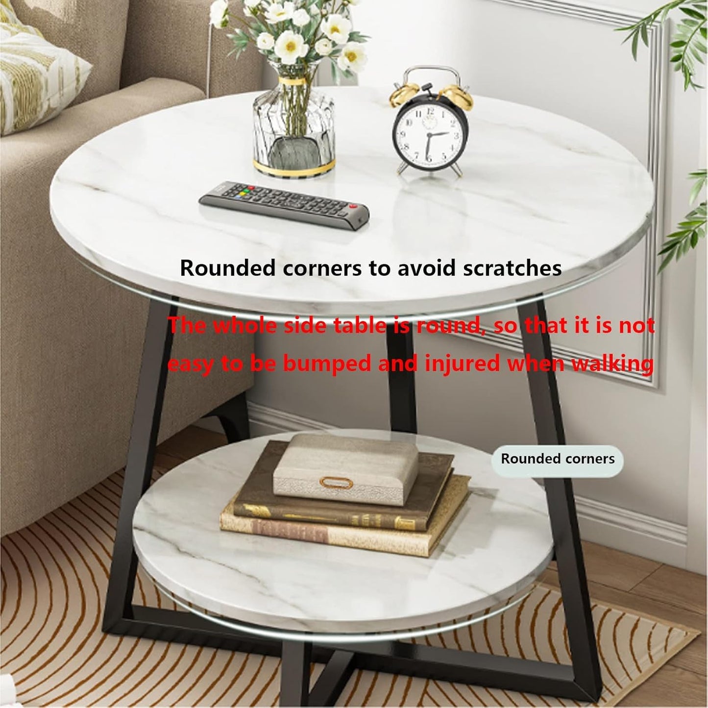 BNIB-Round 2-Tier Coffee Table/Side Table w/White Marble Pattern MDF Wood Top & Golden Metal Frame