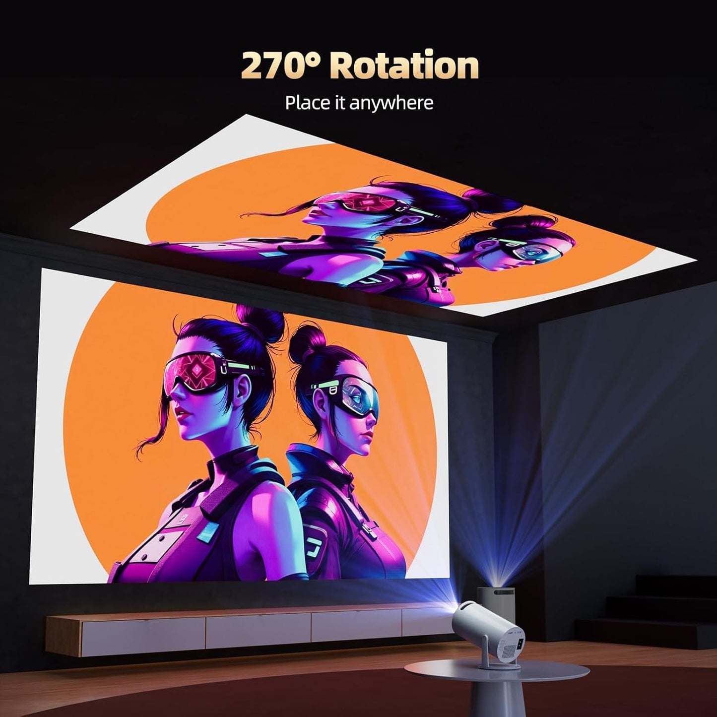 BNIB-Portable 4K Full HD Mini Projector | Android 11.0 with WiFi Bluetooth, 270° Rotation & Auto Correction,$65