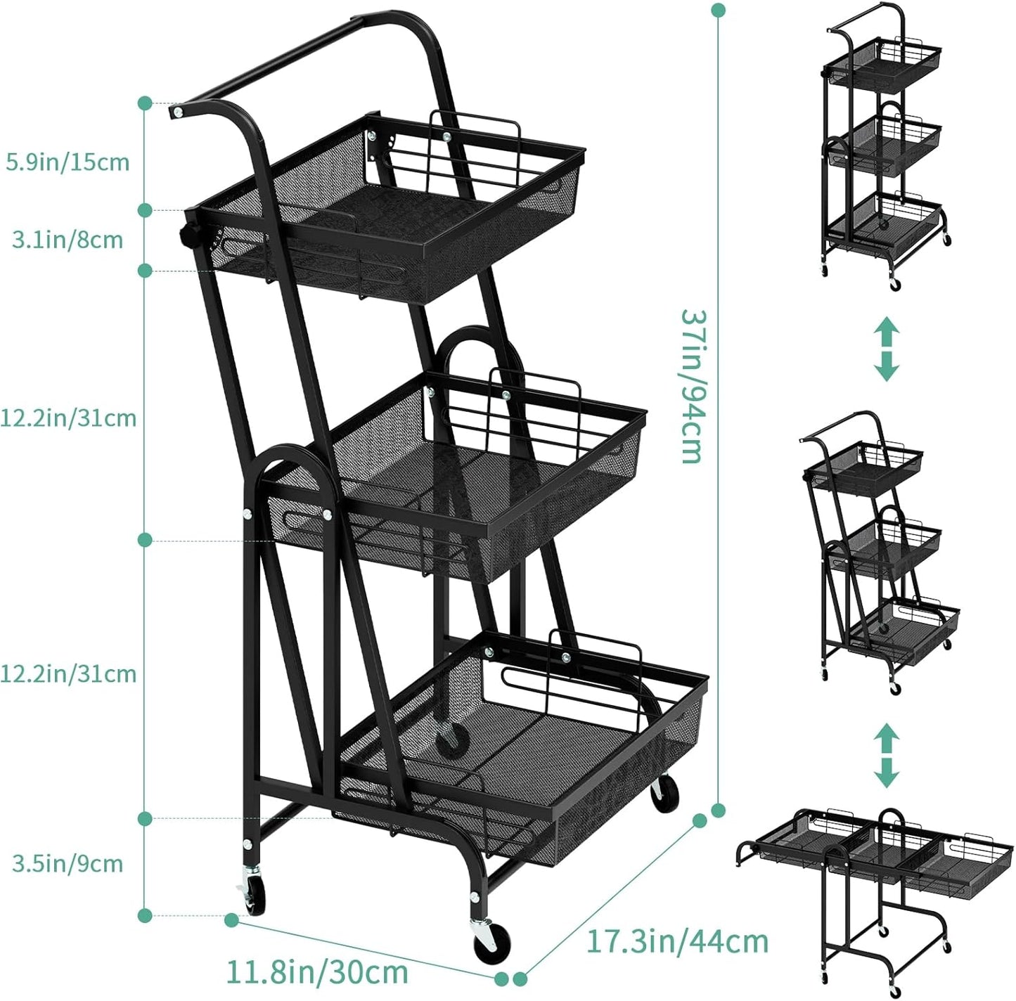 Brand New Assemble 3-Tier Foldable Metal Rolling Cart, Detachable Mesh Basket Utility Trolley,-$60