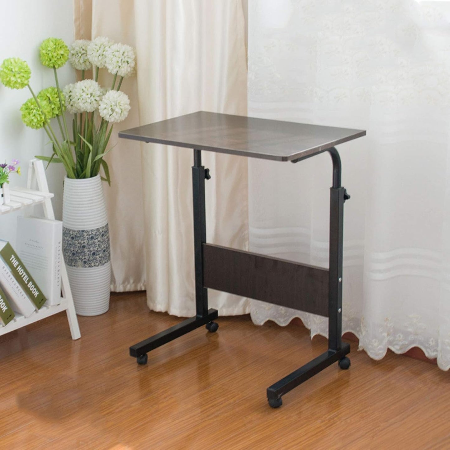 BNIB-Movable Side Table/Laptop Desk for Bed/Sofa, w/Adjustable Height & Lockable Wheels-Black Walnut