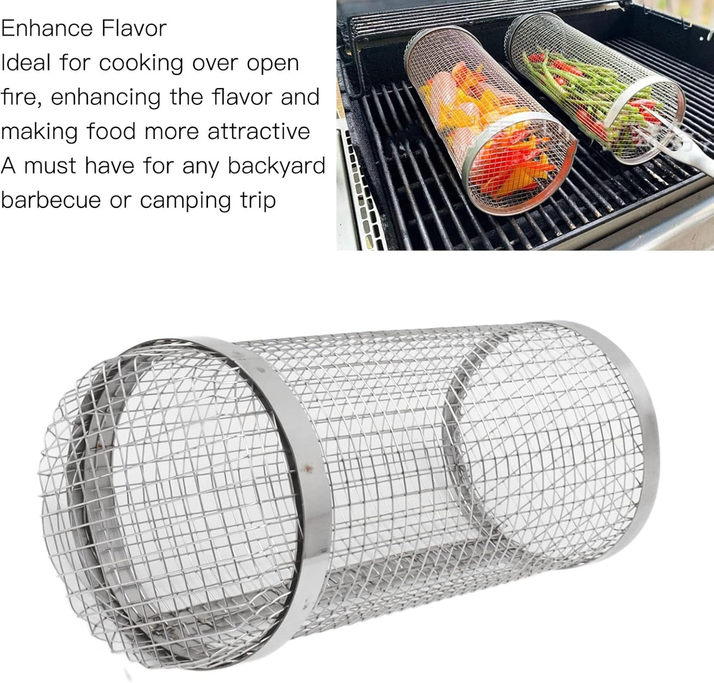BNIB-Rolling Grill Baskets for Outdoor Grilling,Stainless Steel Heat Resistant Rust Prevention (20cm),-$8