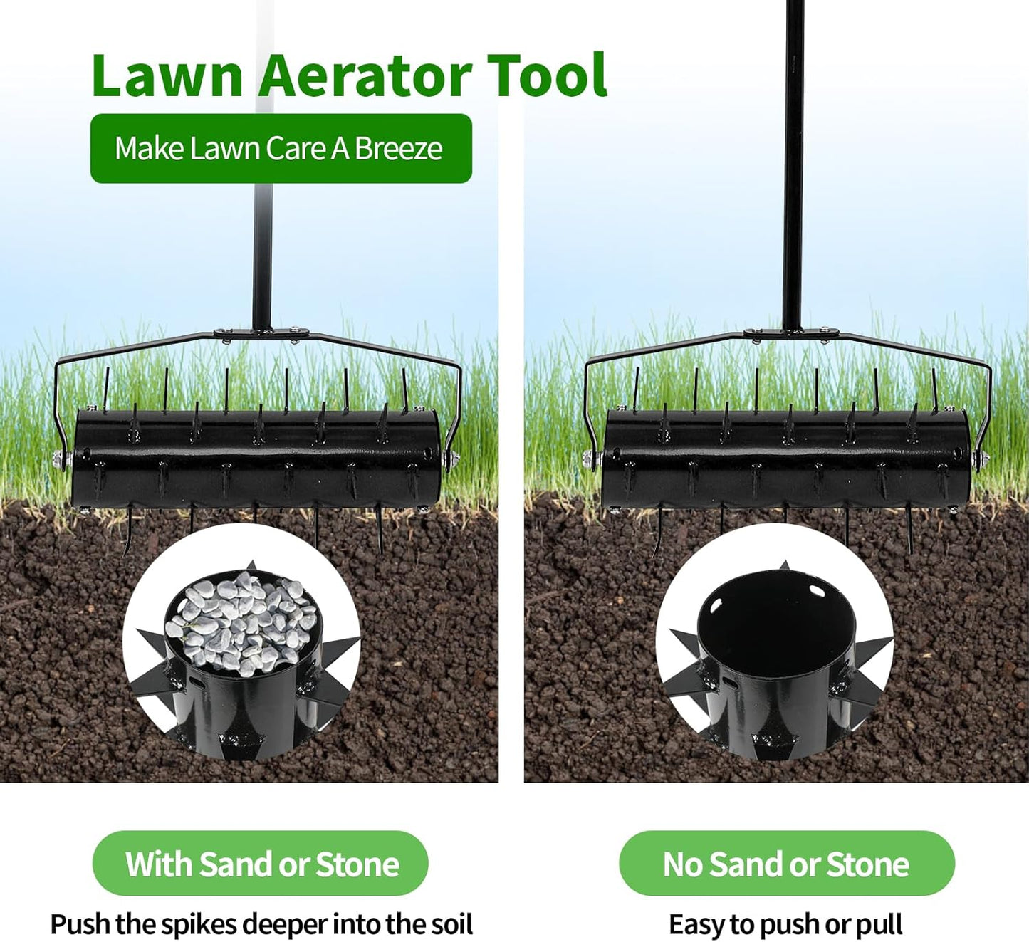 BNIB-Rolling Lawn Aerator, 18 Inch Manual Aerator Lawn Tool Aerator Lawn Soil Penetrator with 50 Inch Handle