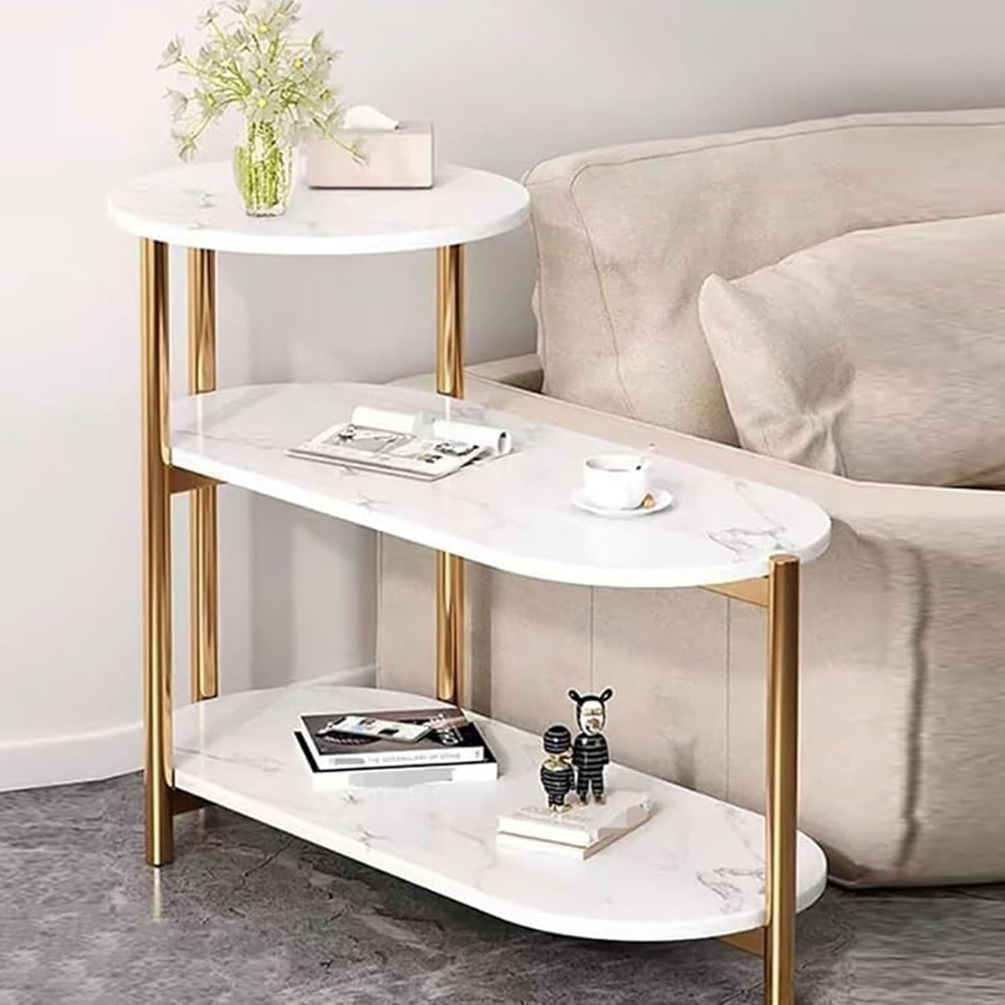 BNIB-3-Tier Side Table/Nightstand with White Marble Pattern MDF Wood Top and Golden Metal Frame