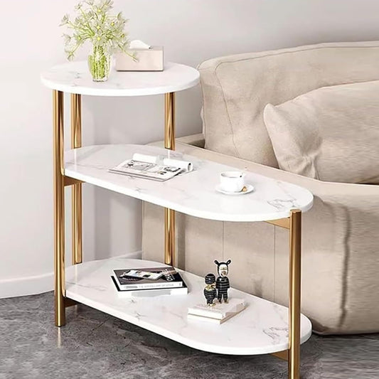 BNIB-3-Tier Side Table/Nightstand with White Marble Pattern MDF Wood Top and Golden Metal Frame