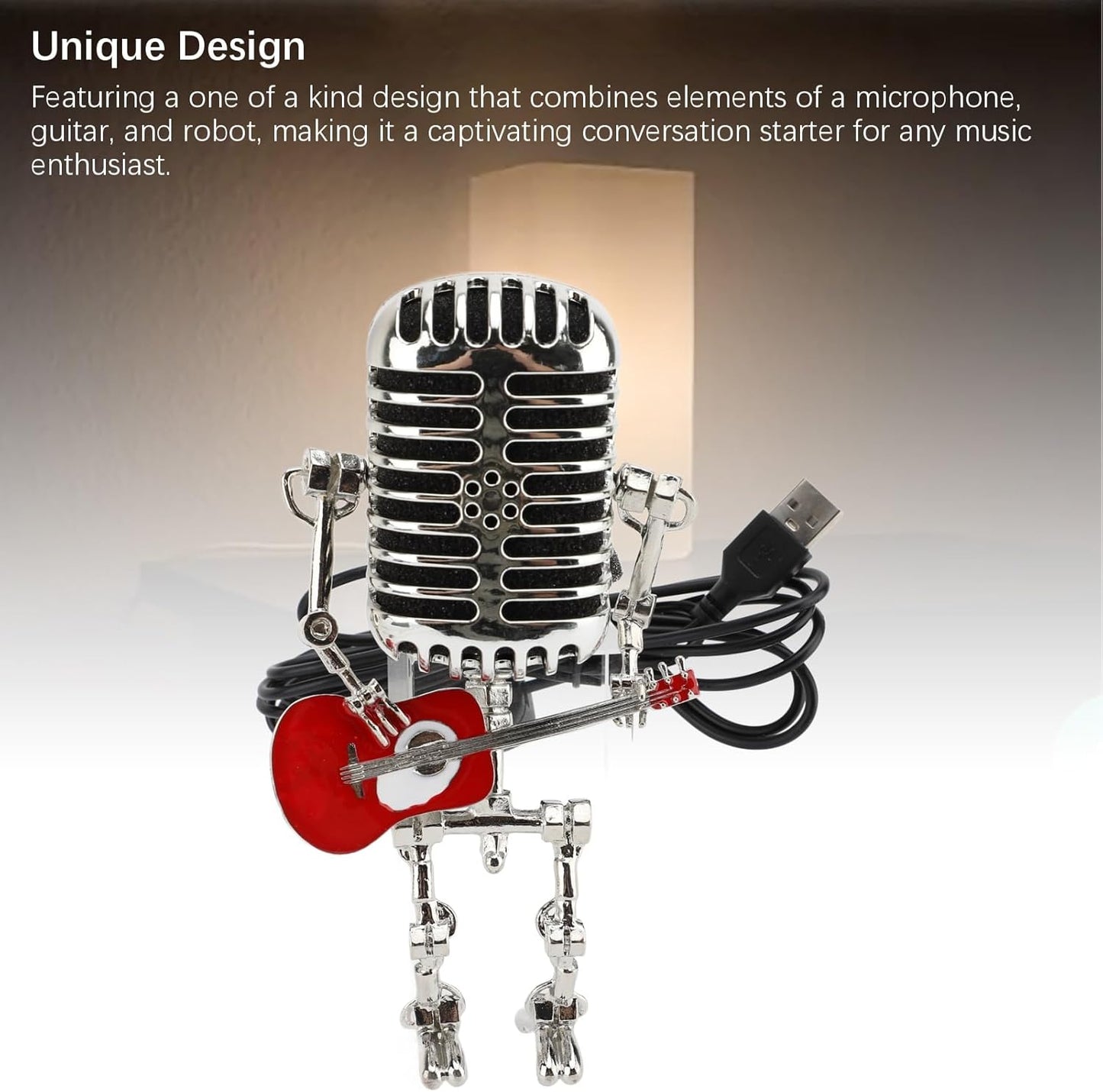 BNIB-Vintage Microphone Guitar Robot Lamp, Retro Metal Night Light for Bedroom Desk, USB Powered,-$10