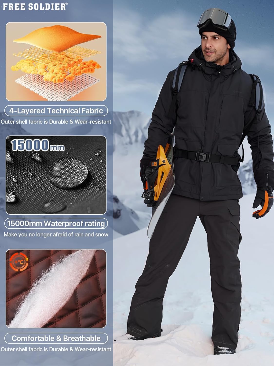 BNIB-FREE SOLDIER Men's Waterproof Snow Insulated Pants Winter Skiing Snowboarding Pants ,(black)