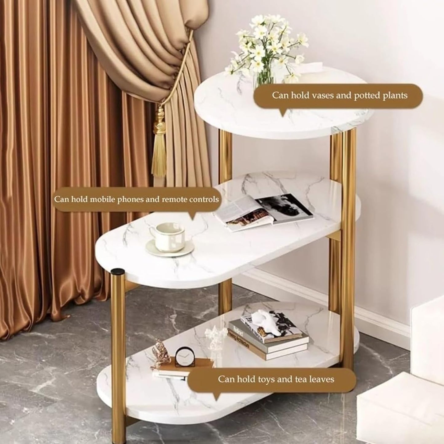 BNIB-3-Tier Side Table/Nightstand with White Marble Pattern MDF Wood Top and Golden Metal Frame