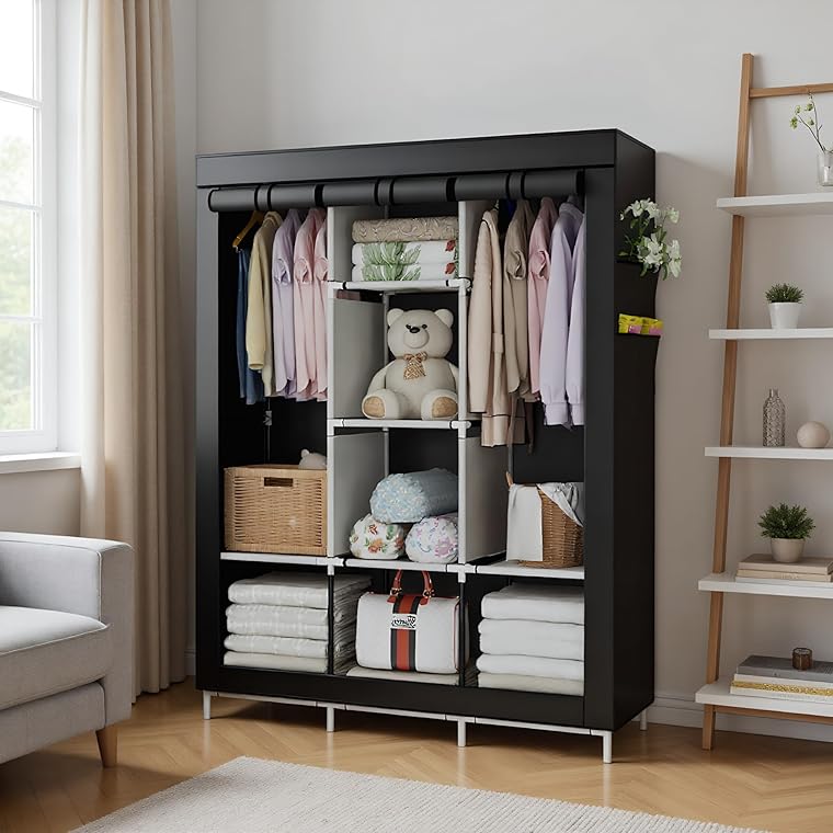 Brand New Portable Closet Organizer: 6 Storage Shelves + 2 Hanging Sections,Black,