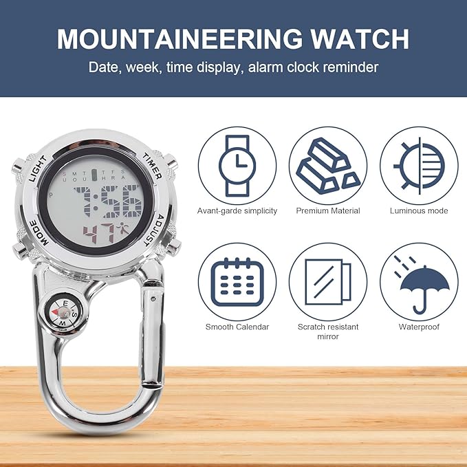 BNIB-ibasenice Carabiner Watch- Stainless Steel Clip on Multi- Function Digital Carabiner Watch Fob Watch