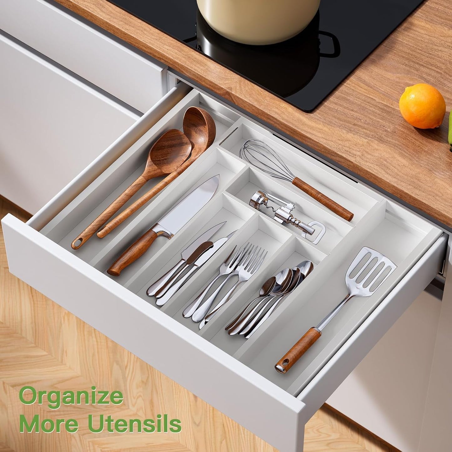 BNIB-Pipishell Bamboo Expandable Drawer Organizer for Utensils Holder, Adjustable Cutlery Tray,(White)-$20