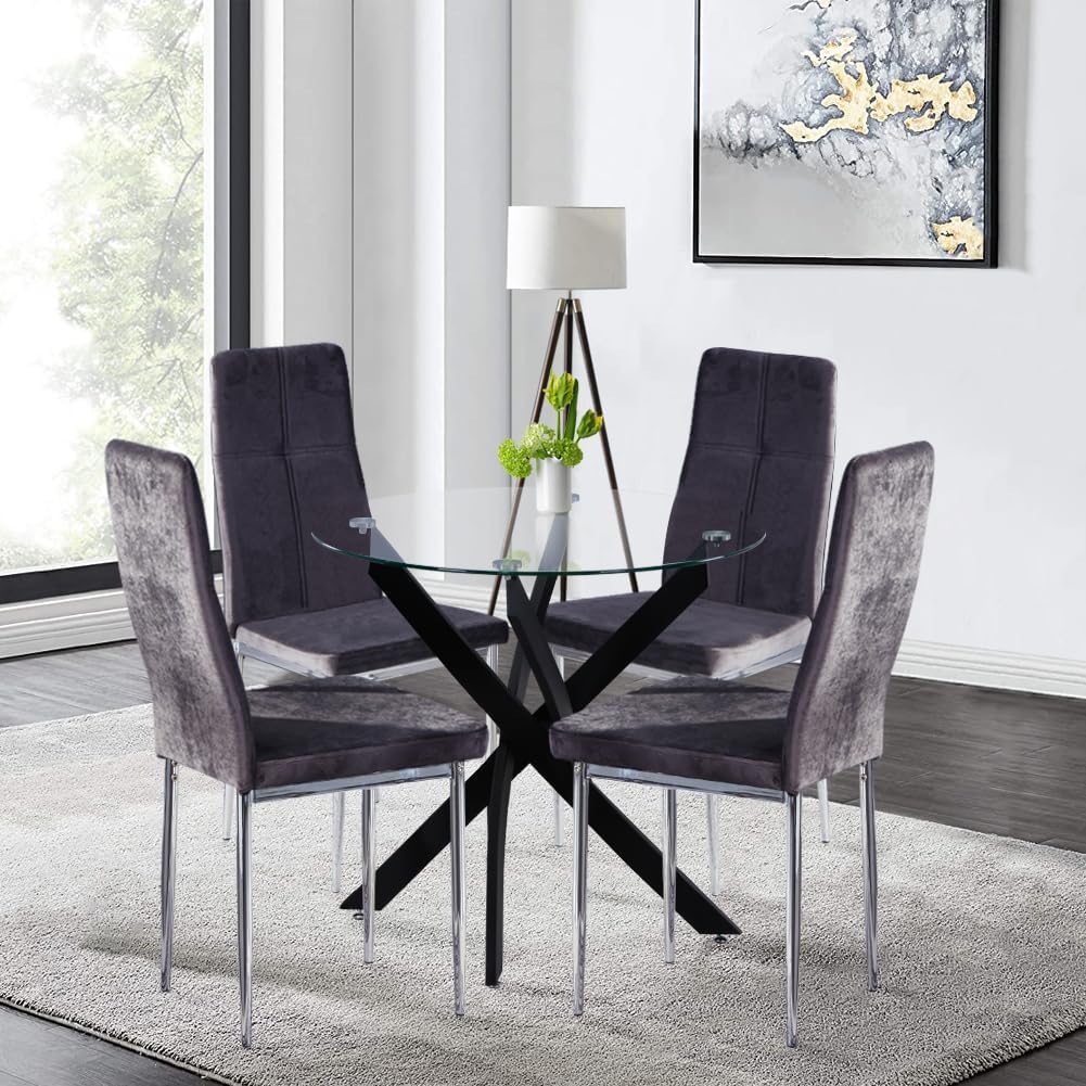 BNIB-GOLDFAN Glass Dining Table, 35.5 inches Round Modern Kitchen Table Home Furniture with Black Metal Legs