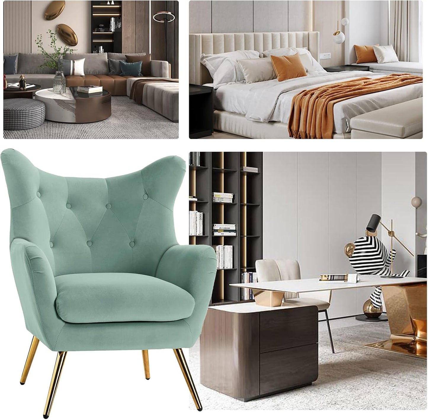 BNIB-HULALA Home Velvet Accent Chair, Modern Wingback Arm Chair with Metal Gold Legs, Velvet Tufted Upholstered