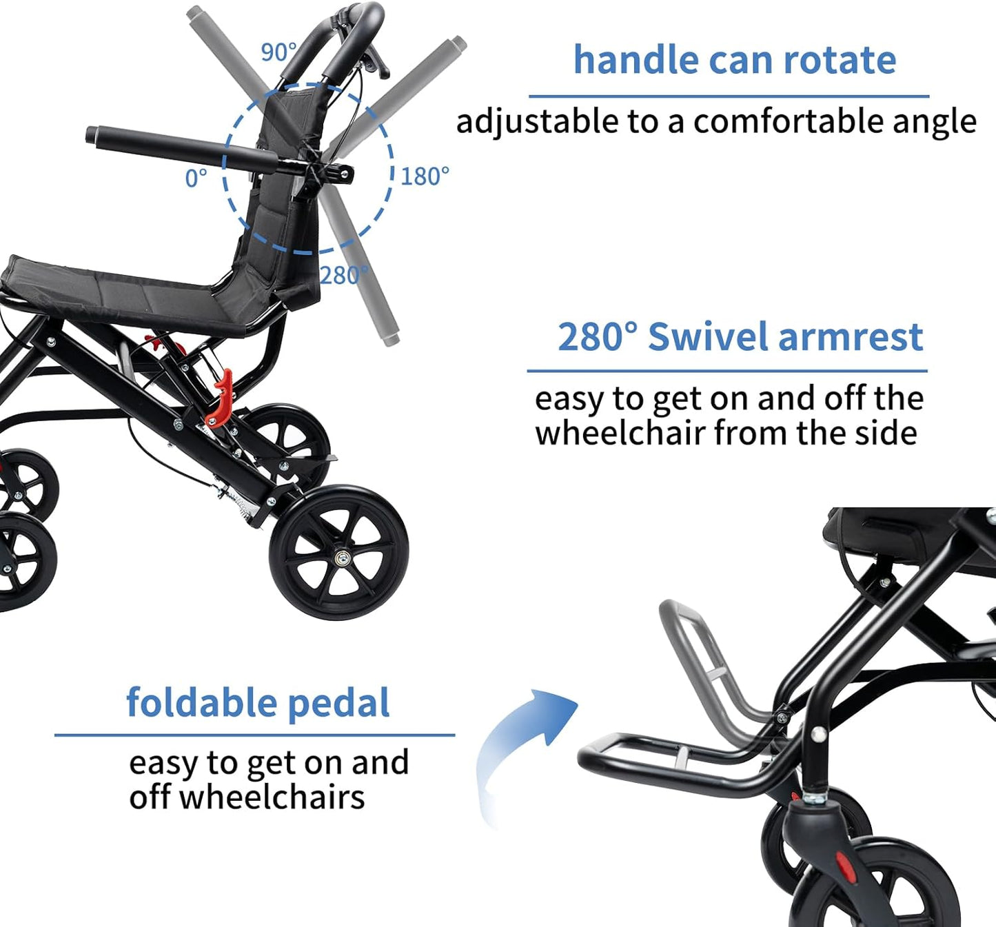 Brand New Portable Aluminum Transport Wheelchair | Handbrake & 8" Rear Wheels |(Seat Width: 15.75"),-$150