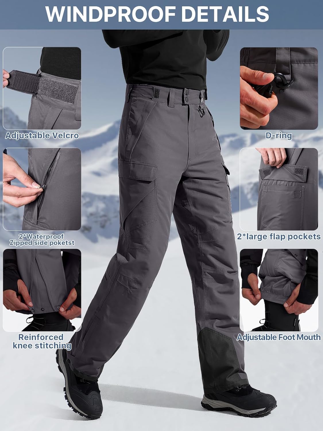 BNIB-FREE SOLDIER Men's Waterproof Snow Insulated Pants Winter Skiing Snowboarding Pants (‎Gray)