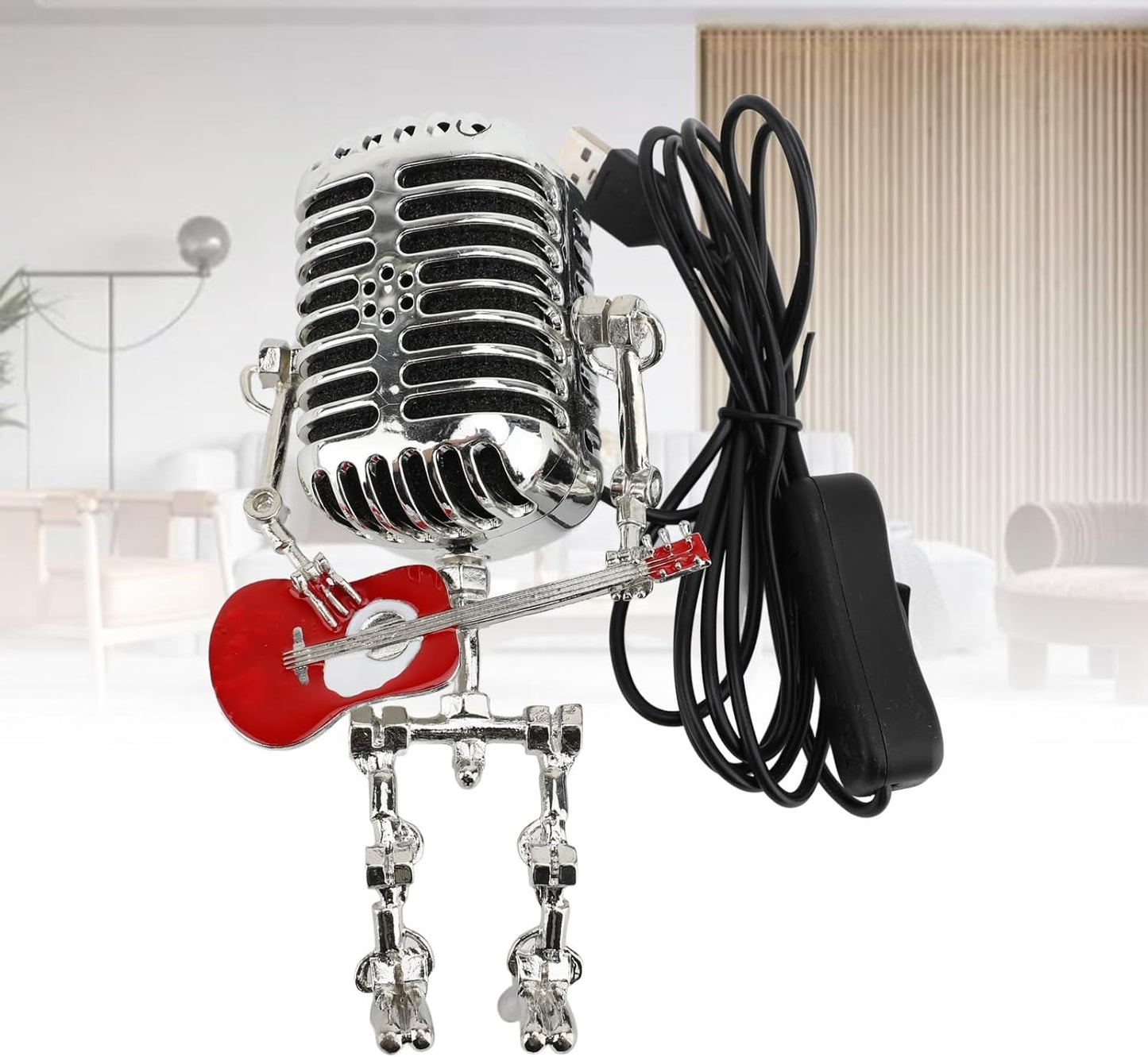 BNIB-Vintage Microphone Guitar Robot Lamp, Retro Metal Night Light for Bedroom Desk, USB Powered,-$10