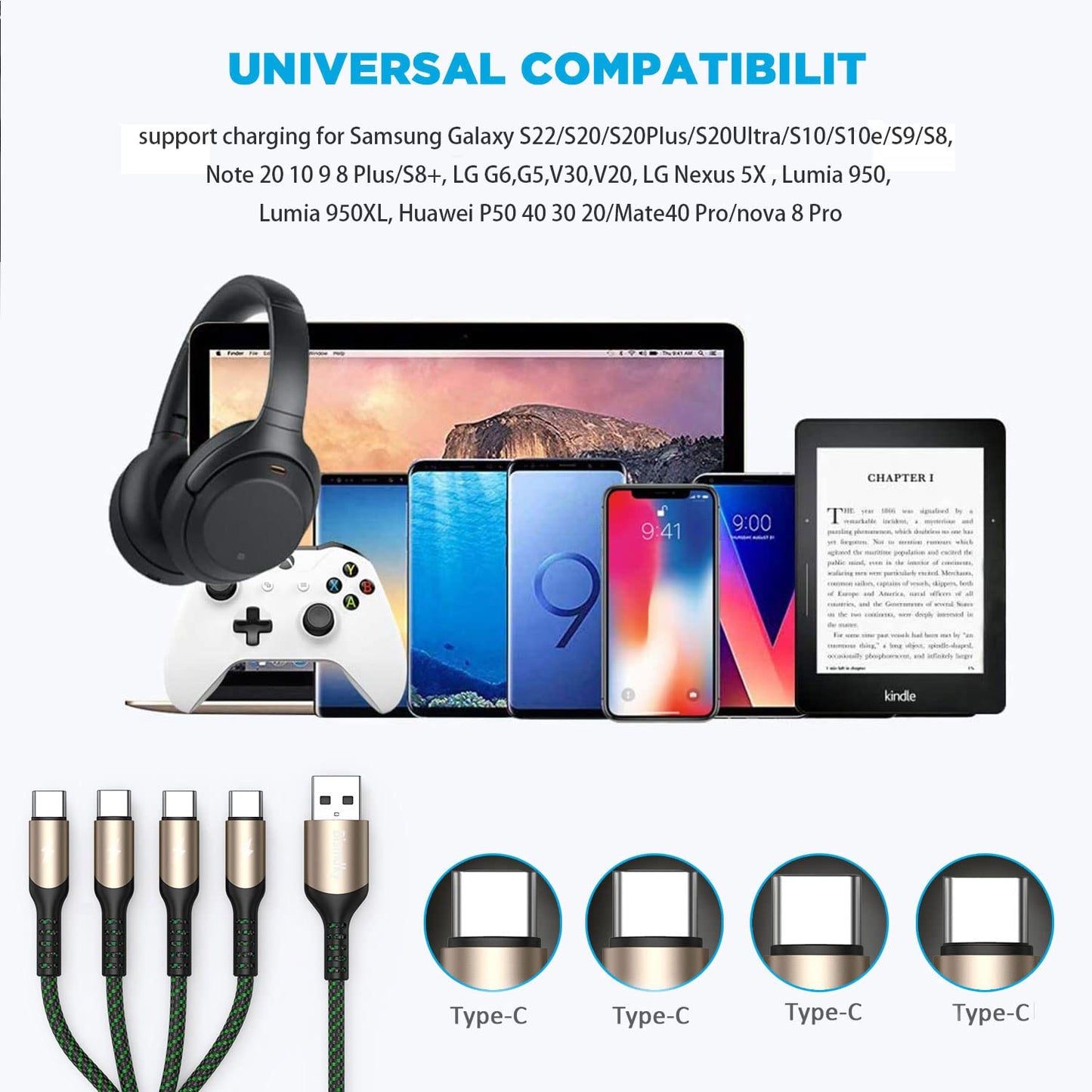 BNIB-2Pack 4FT Multi Charging Cable ，USB C Splitter Cable，4 in 1 Fast Charging QC3.0 Nylon Braided,-$10