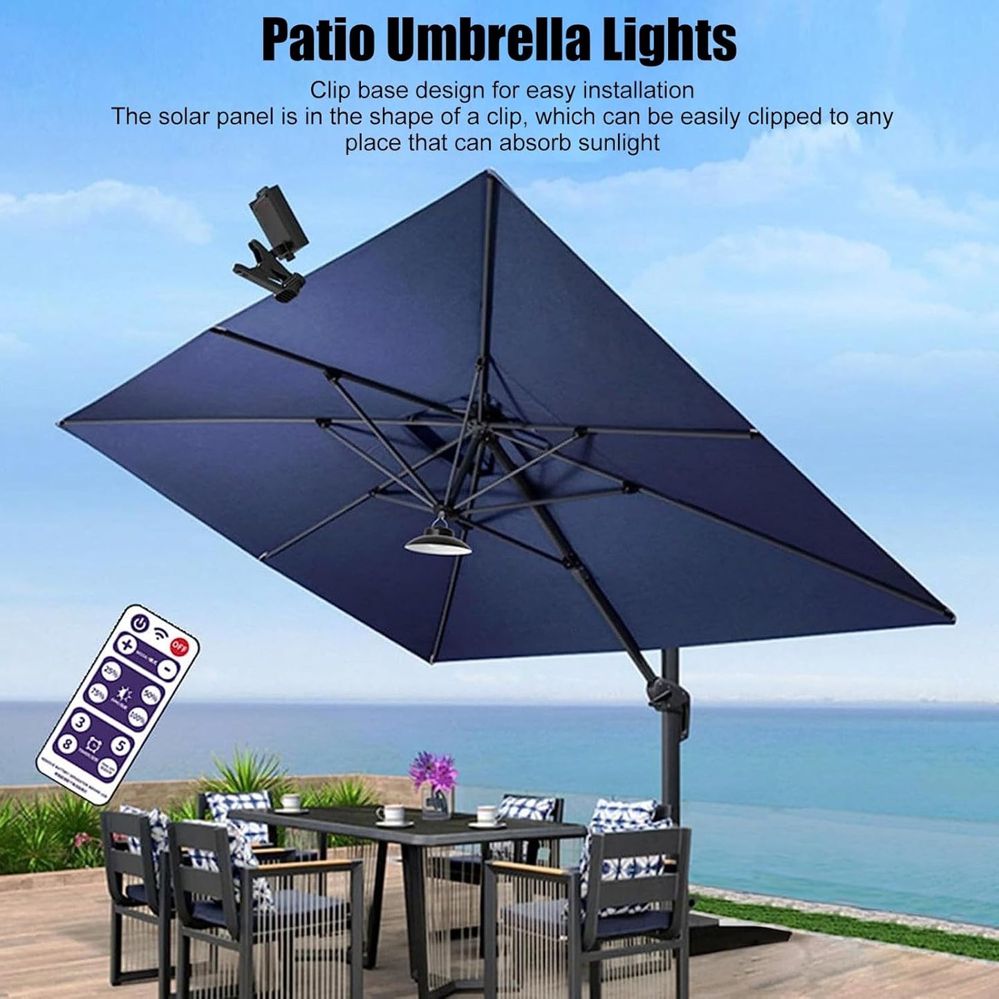 BNIB-Waterproof Solar LED Parasol Light with Remote Control for Patio Umbrella - High Speed Charging Solar Panel