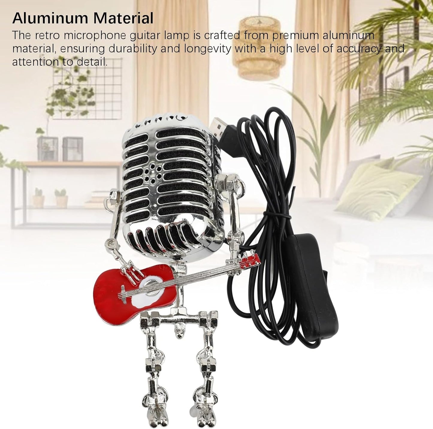 BNIB-Vintage Microphone Guitar Robot Lamp, Retro Metal Night Light for Bedroom Desk, USB Powered,-$10