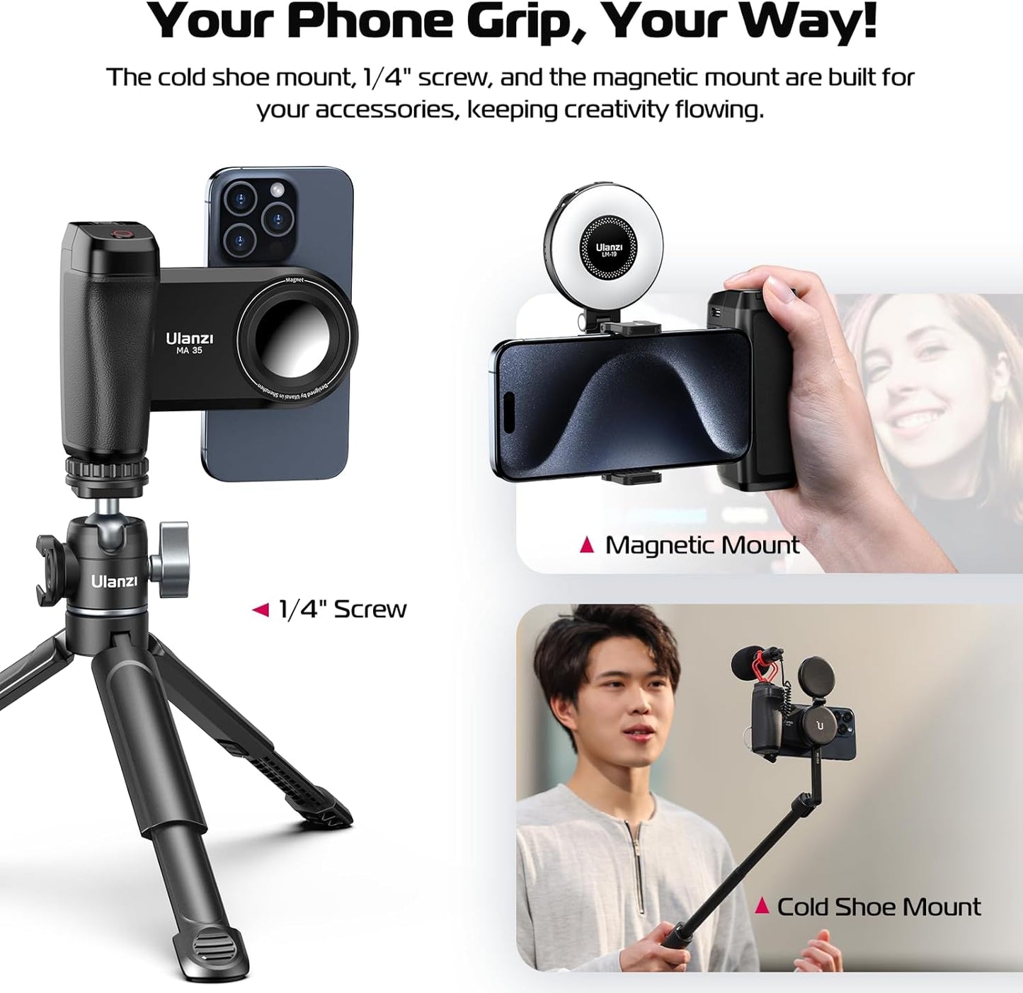 BNIB-ULANZI Magnetic Phone Grip Selfie Phone Tripod Mount MA35, 2-in-1 Magnetic Phone Clip Camera Grip Handle