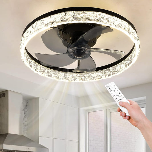 BNIB-FRIXCHUR 20" Modern Bladeless Ceiling Fan with Light & Remote – (Black 6 Speeds 3 Colors Change)