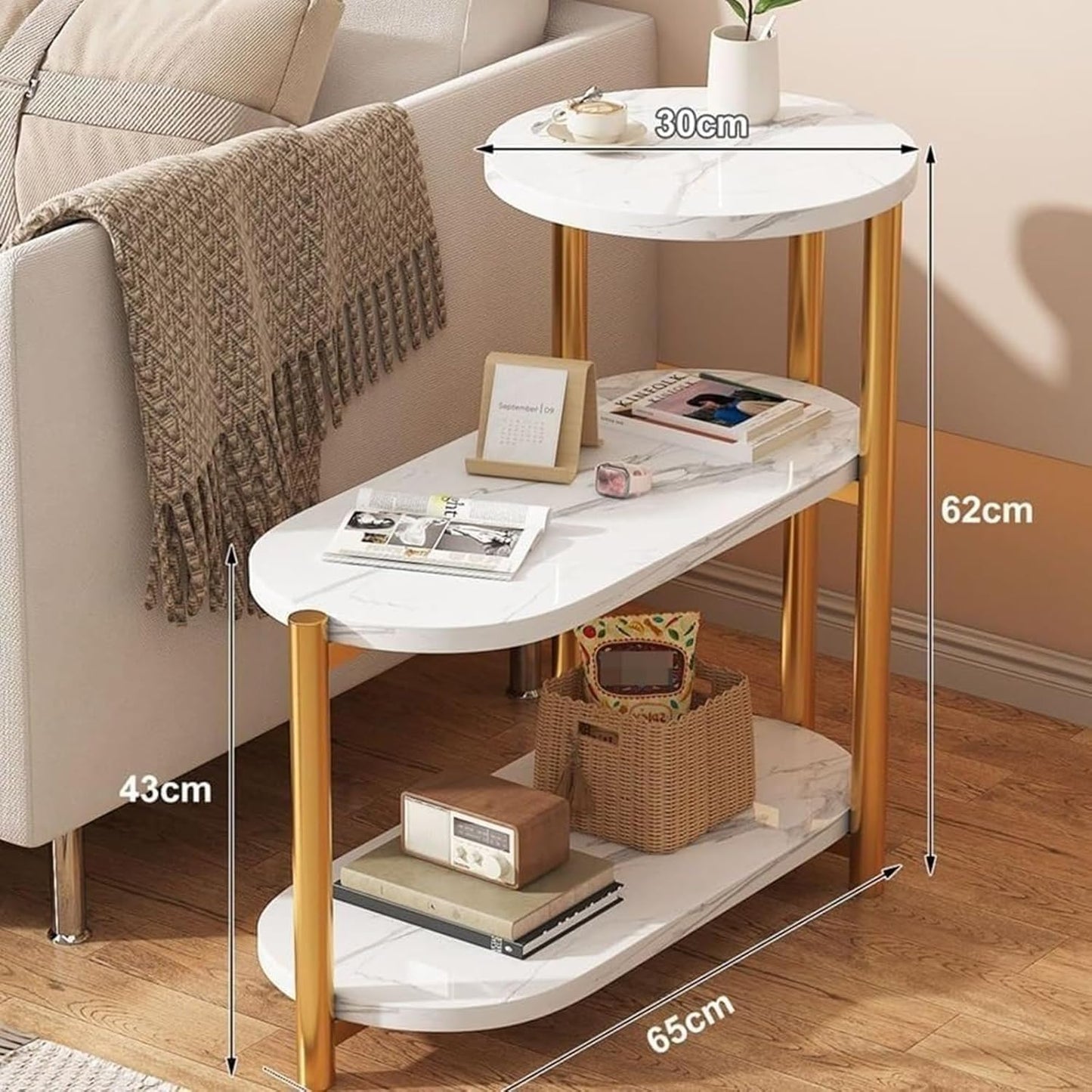 BNIB-3-Tier Side Table/Nightstand with White Marble Pattern MDF Wood Top and Golden Metal Frame