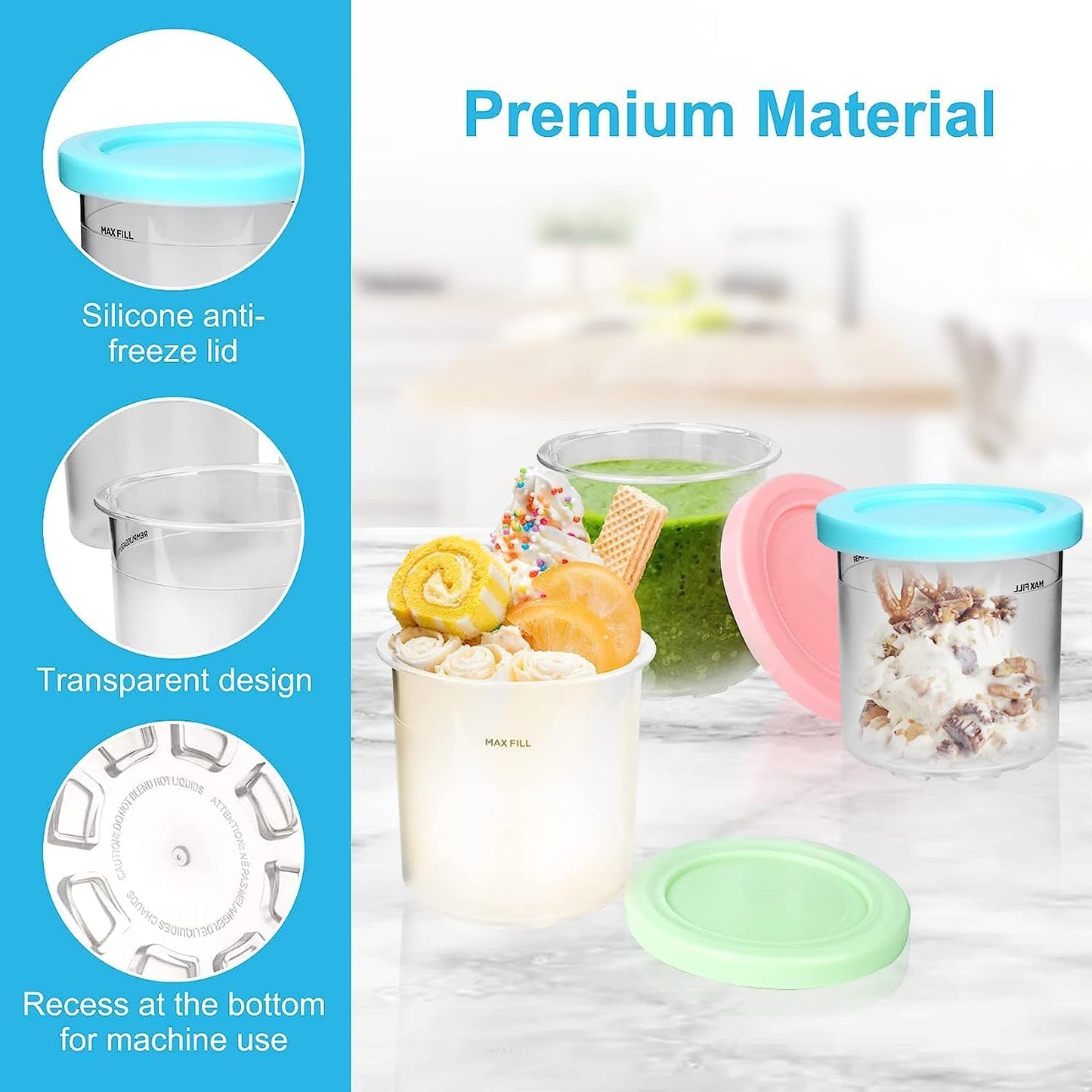 BNIB -Ice Cream Pint Container with Silicone Lid Replacement for Ninja Creami, BPA and Dishwasher Safe (4 Pack)