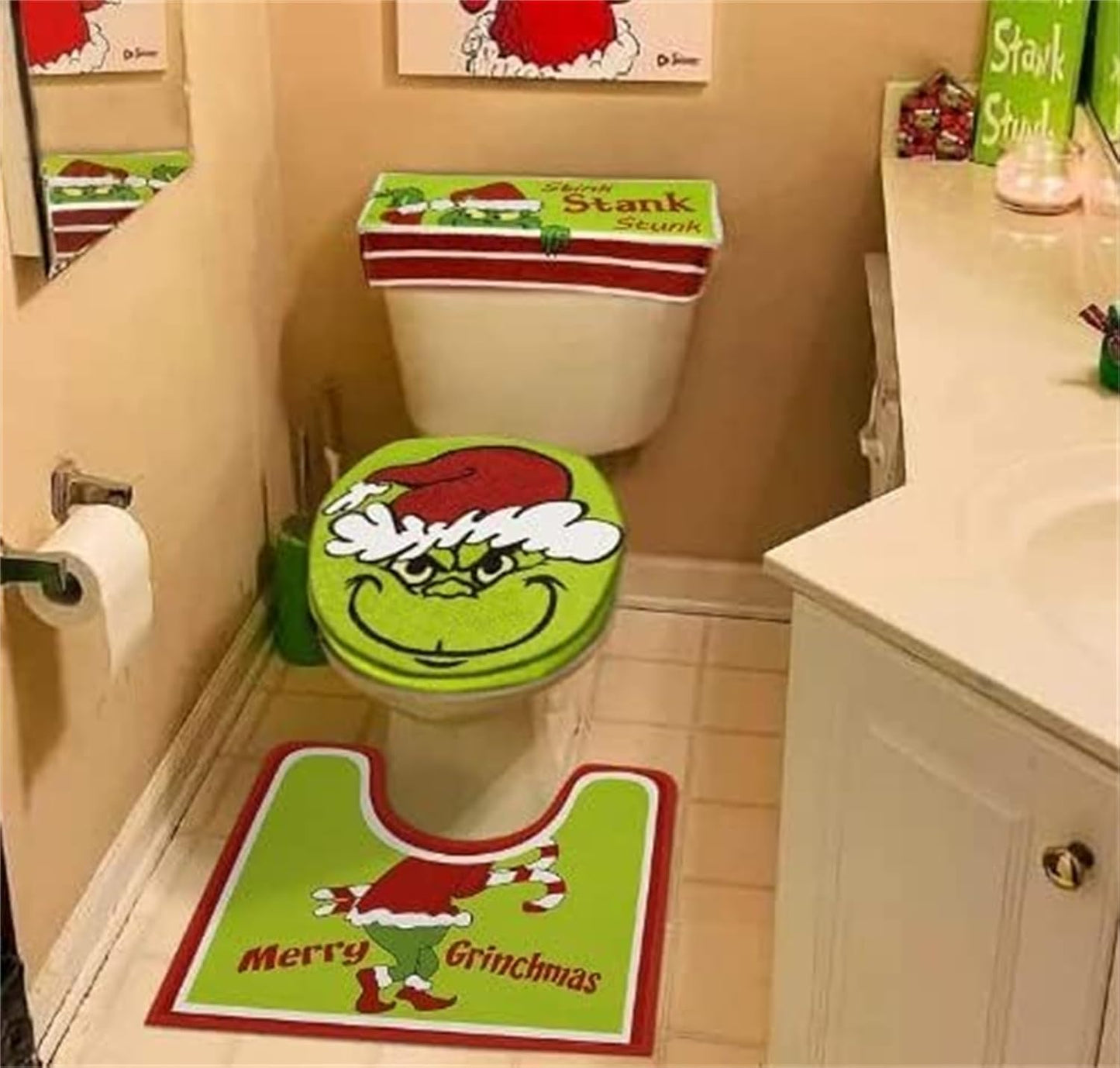 BNIB-Grinch Christmas Bathroom Decor - GRINCHS Decorations Bathroom Rugs and MATS Sets,-$10