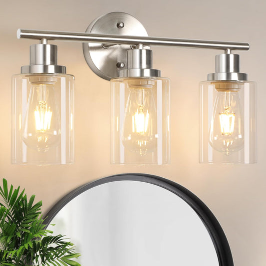 BNIB-3 Light Vanity Lights, Brushed Nickel Wall Sconce Light with Clear Glass,(Bulbs Not Included),-$35