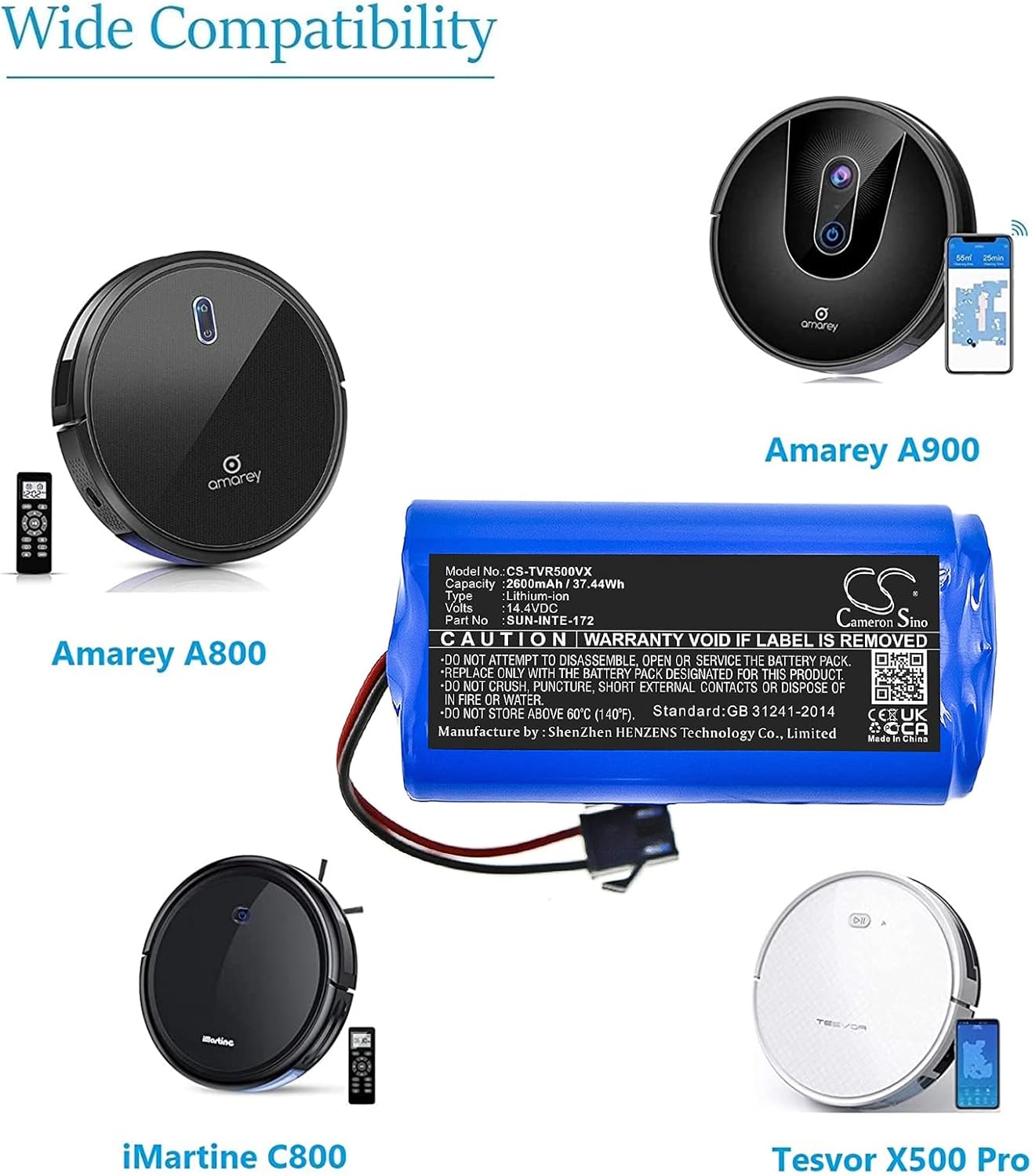 BNIB-14.4V 2600mAh Replacement Battery for Amarey A800 A900, iMartin C800, Tesvor X500,-$20