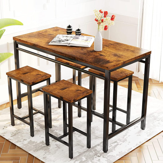 BINB-5-Piece Bar Table Set, Dining Table w/4 Square Stools, Ideal for Small Spaces (Rustic Brown)