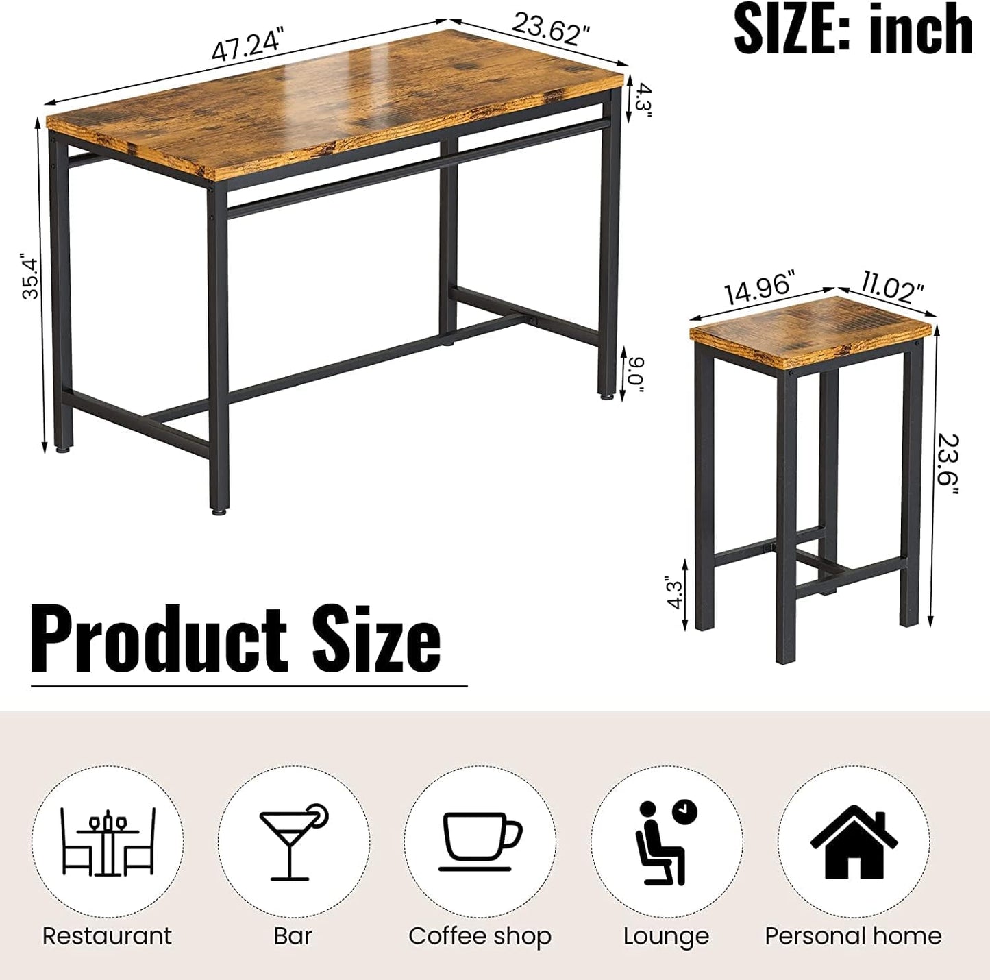 BINB-5-Piece Bar Table Set, Dining Table w/4 Square Stools, Ideal for Small Spaces (Rustic Brown)