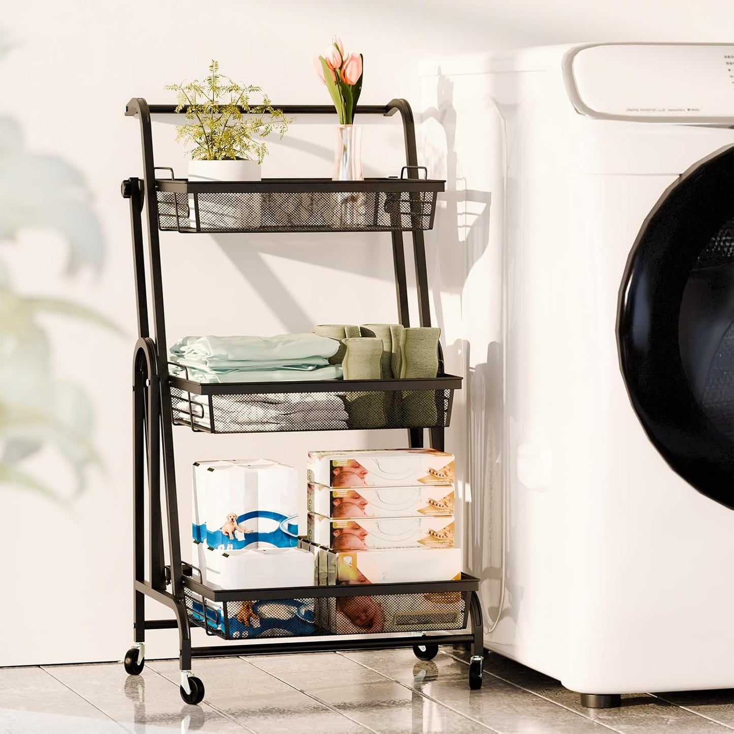 Brand New Assemble 3-Tier Foldable Metal Rolling Cart, Detachable Mesh Basket Utility Trolley,-$60