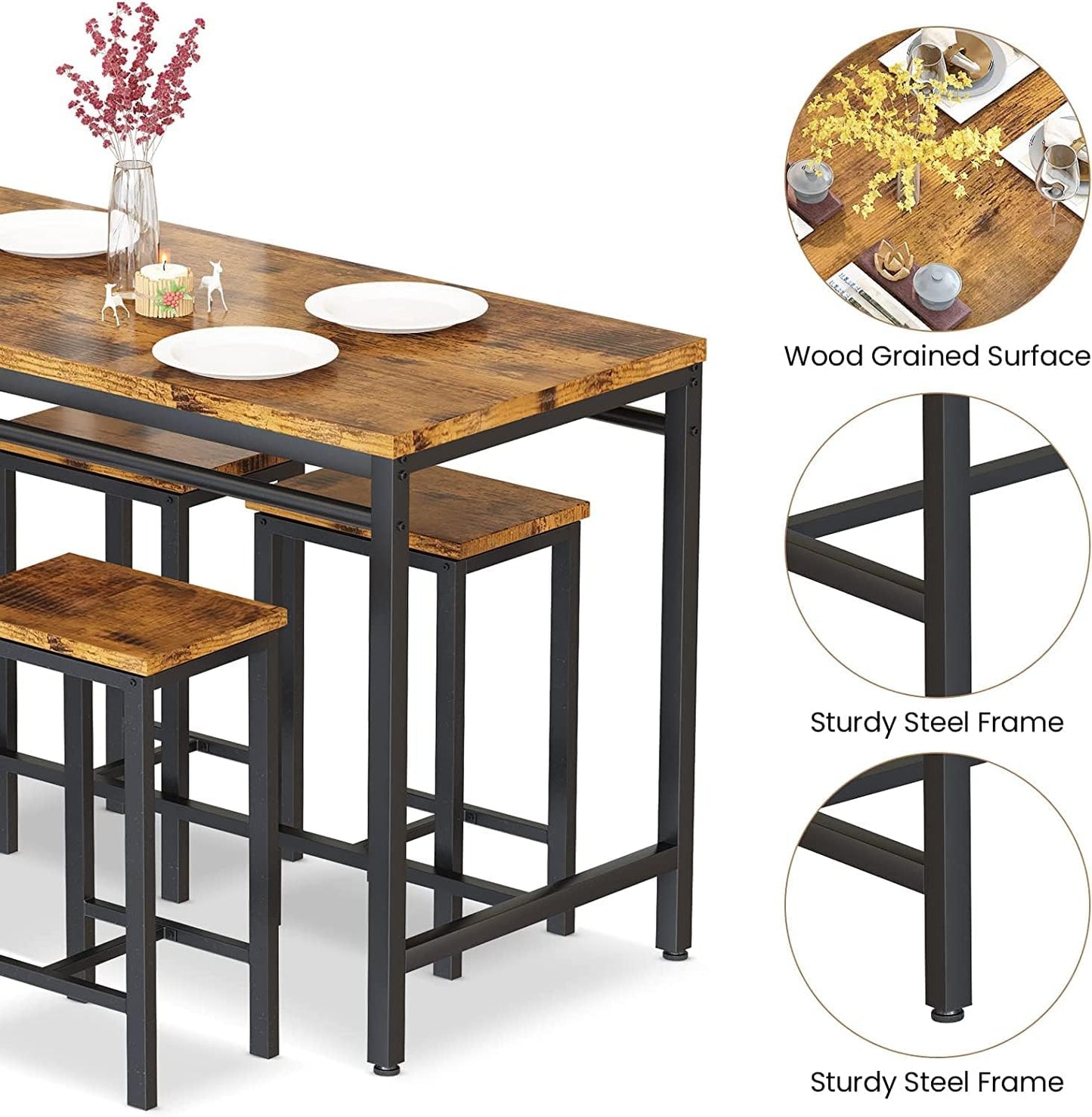 BINB-5-Piece Bar Table Set, Dining Table w/4 Square Stools, Ideal for Small Spaces (Rustic Brown)