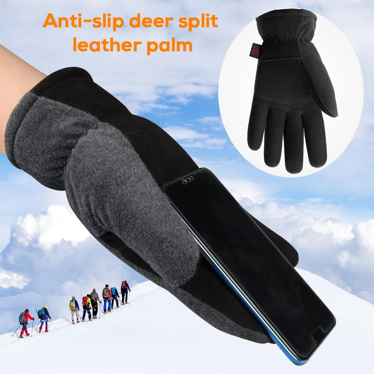 BNIB-OZERO Winter Gloves | Thermal Gloves with Warm Fleece and Anti-skid Suede - for Men & Women,Size: L