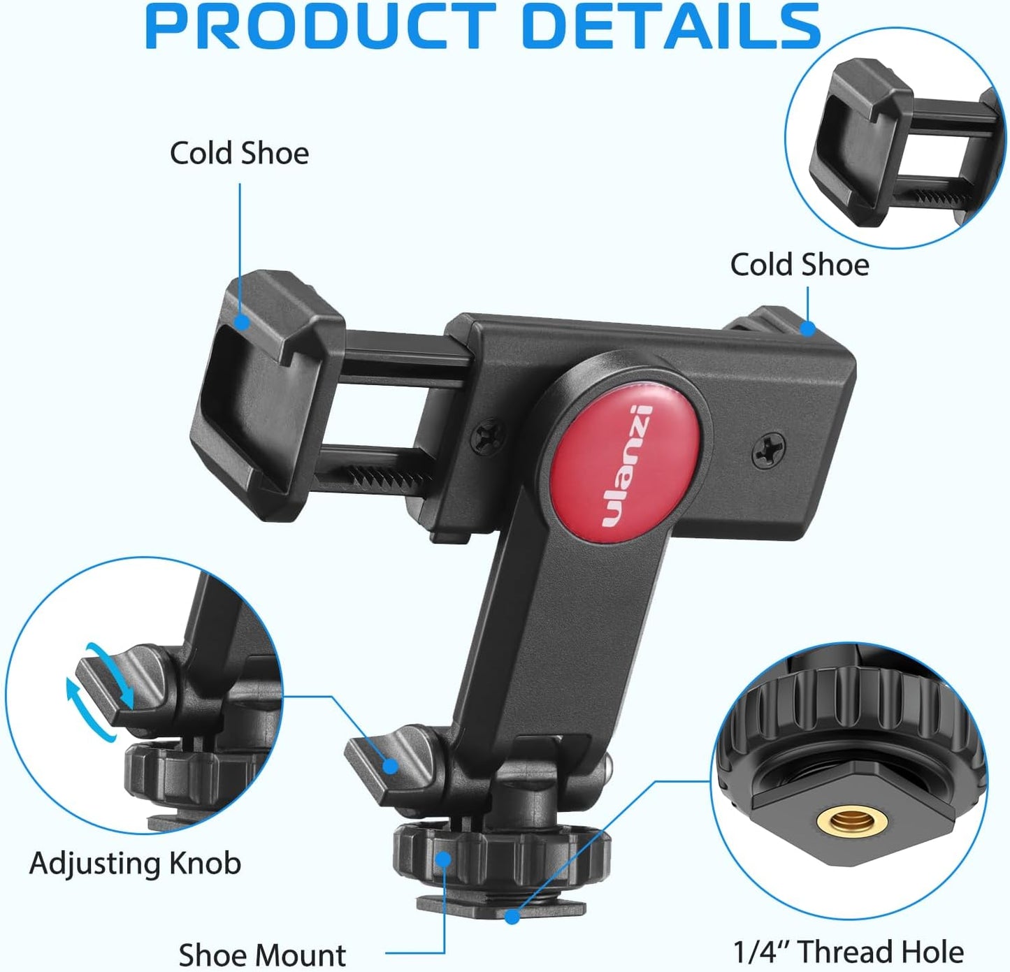 BNIB-ULANZI Universal Phone Tripod Mount with Cold Shoe Mount, Rotated Cell Phone Clamp Holder